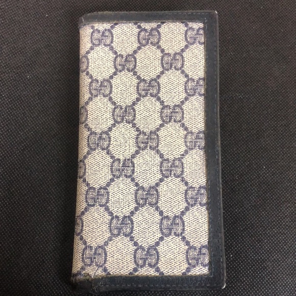 GUCCI GG Web Navy Blue Grey Coated Canvas Leather Long Bifold Wallet Vintage - Picture 1 of 15